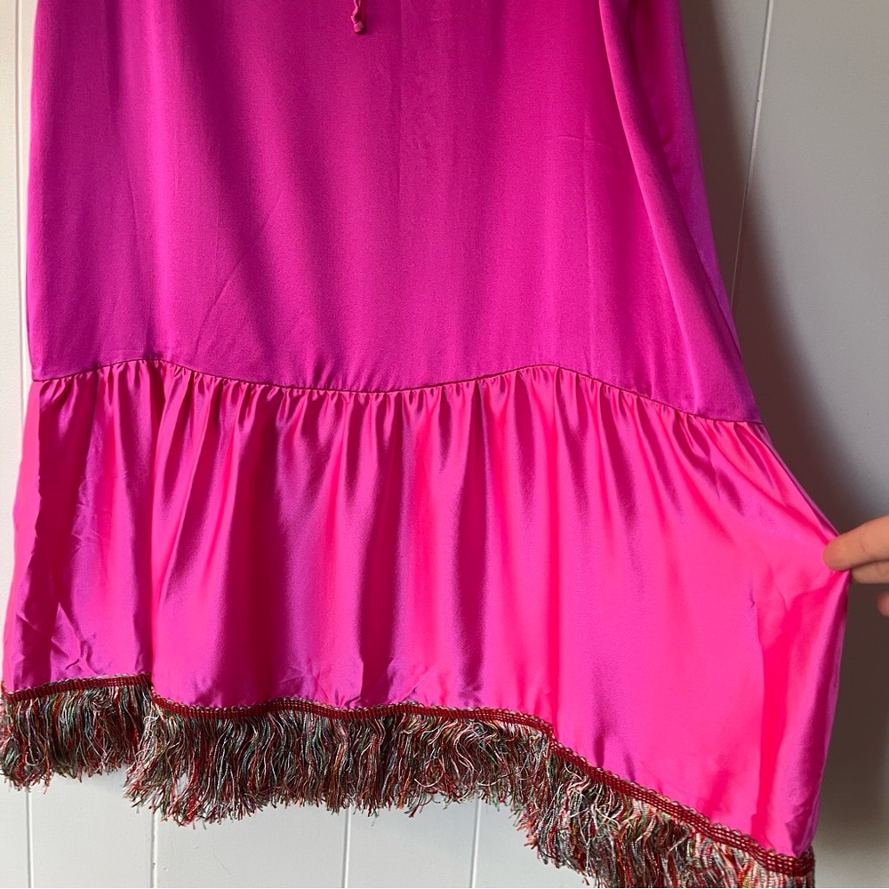 NWT Vintage Petro Zillia Fuchsia 100% Silk Ruffle Fringe drawstring skirt Pink - Picture 3 of 11